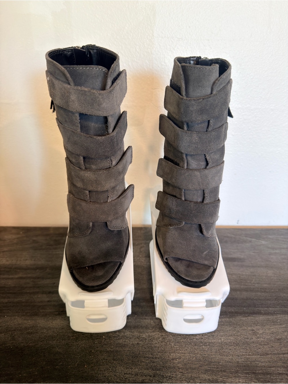 DKNY Gray Suede Strappy Open-Toe Heeled Boots
